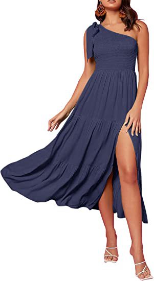 2026 New Summer Fashion Women's One-shoulder Pleated Layered Hem Split Dress